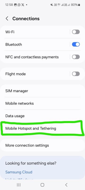 Connection یا اتصالات شبکه در گوشی سامسونگ S24 -Connections > Mobile Hotspot